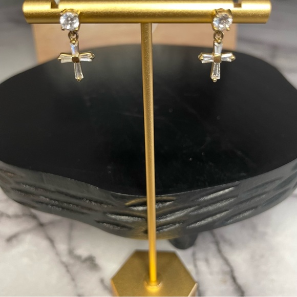 Sterling Silver 925 Vermeil CZ Cross Earrings - Picture 2 of 7